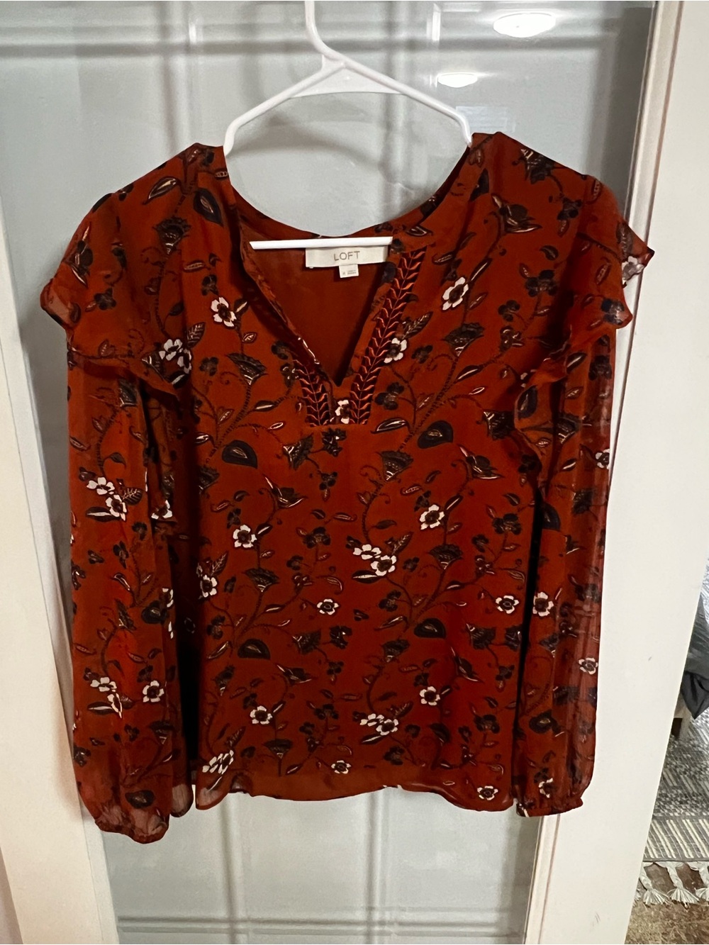 LOFT Rust Floral V-Neck Long Sleeve Top with Ruffle Shoulders